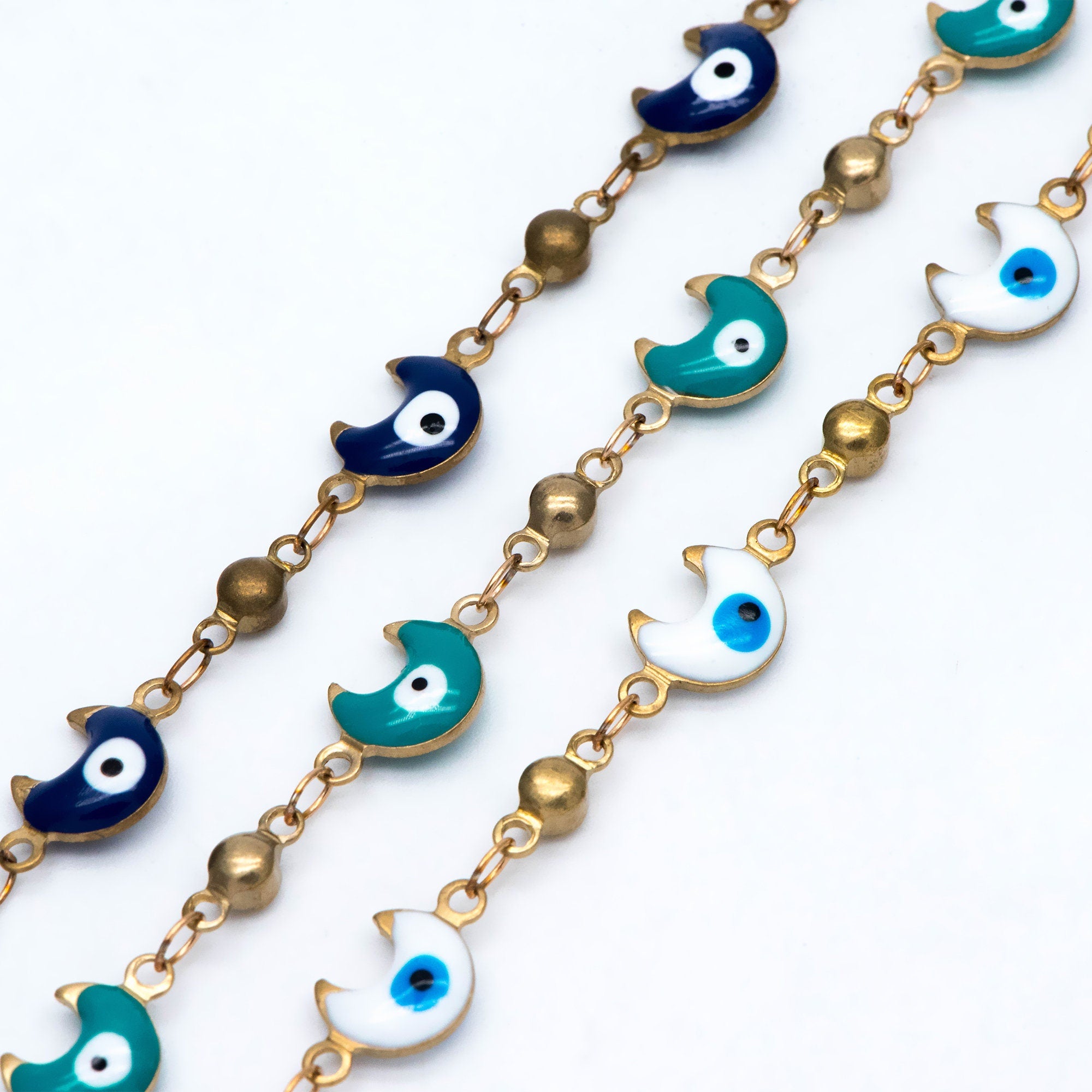 Moon Evil Eye Chain, Brass in Enamel, Beaded Chain, Unplated Raw Brass Designer Chain (#LK-514)/ 1 Meter=3.3 ft